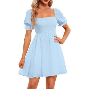 imageHolipick Womens Casual Square Neck Smocked Dress Shirred Ruffle Puff Sleeve High Waist Cute Flowy ALine Short DressLight Blue