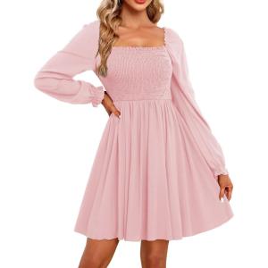 imageHolipick Womens Casual Square Neck Smocked Dress Shirred Ruffle Puff Sleeve High Waist Cute Flowy ALine Short DressPink