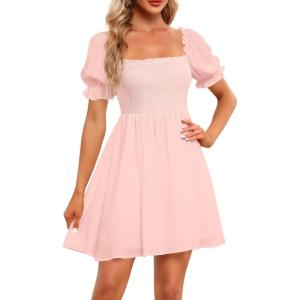imageHolipick Womens Casual Square Neck Smocked Dress Shirred Ruffle Puff Sleeve High Waist Cute Flowy ALine Short DressPinkshort Sleeve