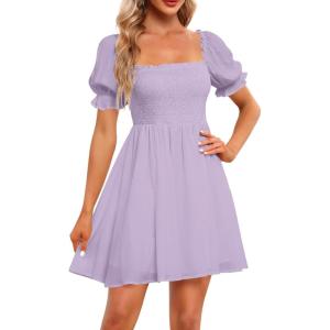imageHolipick Womens Casual Square Neck Smocked Dress Shirred Ruffle Puff Sleeve High Waist Cute Flowy ALine Short DressPurpleshort Sleeve