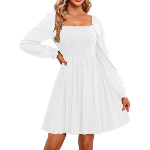 imageHolipick Womens Casual Square Neck Smocked Dress Shirred Ruffle Puff Sleeve High Waist Cute Flowy ALine Short DressWhite