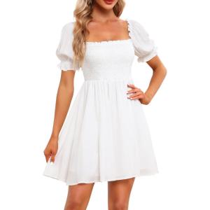 imageHolipick Womens Casual Square Neck Smocked Dress Shirred Ruffle Puff Sleeve High Waist Cute Flowy ALine Short DressWhite Short Sleeve