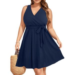 imageHolipick Womens Plus Size Sleeveless V Neck Wrap Sundress Summer Casual Dress with PocketsBlue