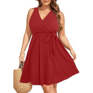 imageHolipick Womens Plus Size Sleeveless V Neck Wrap Sundress Summer Casual Dress with PocketsRed