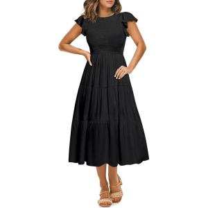 imageHolipick Womens Summer Casual Dress Flutter Sleeves Crew Neck Smocked High Waist Tiered ALine Midi DressBlack