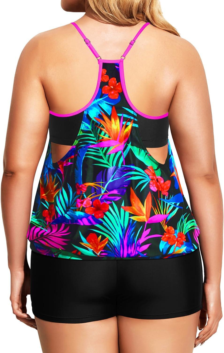imageHolipick Plus Size Tankini Swimsuit for Women Two Piece Tummy Control Bathing Suit Blouson Tankini Top with ShortsColorful Leaves