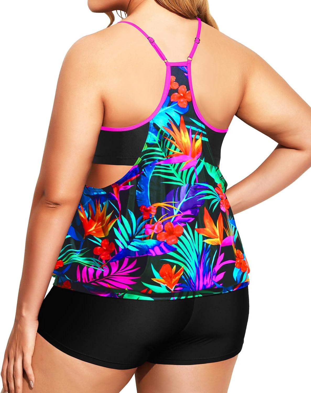 imageHolipick Plus Size Tankini Swimsuit for Women Two Piece Tummy Control Bathing Suit Blouson Tankini Top with ShortsColorful Leaves