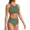 imageHolipick Women High Waisted Two Piece Bikini Set Racerback Bathing Suit Sporty Crop Top with Bottom for Teen GirlsArmy Green