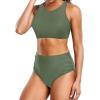 imageHolipick Women High Waisted Two Piece Bikini Set Racerback Bathing Suit Sporty Crop Top with Bottom for Teen GirlsArmy Green