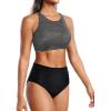 imageHolipick Women High Waisted Two Piece Bikini Set Racerback Bathing Suit Sporty Crop Top with Bottom for Teen GirlsBlack Striped