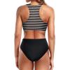 imageHolipick Women High Waisted Two Piece Bikini Set Racerback Bathing Suit Sporty Crop Top with Bottom for Teen GirlsBlack Striped