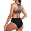 imageHolipick Women High Waisted Two Piece Bikini Set Racerback Bathing Suit Sporty Crop Top with Bottom for Teen GirlsBlack Striped