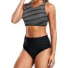 imageHolipick Women High Waisted Two Piece Bikini Set Racerback Bathing Suit Sporty Crop Top with Bottom for Teen GirlsBlack Striped