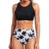 imageHolipick Women High Waisted Two Piece Bikini Set Racerback Bathing Suit Sporty Crop Top with Bottom for Teen GirlsBlack Tree