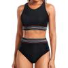 imageHolipick Women High Waisted Two Piece Bikini Set Racerback Bathing Suit Sporty Crop Top with Bottom for Teen GirlsBlack Woven