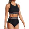 imageHolipick Women High Waisted Two Piece Bikini Set Racerback Bathing Suit Sporty Crop Top with Bottom for Teen GirlsBlack Woven