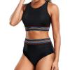 imageHolipick Women High Waisted Two Piece Bikini Set Racerback Bathing Suit Sporty Crop Top with Bottom for Teen GirlsBlack Woven
