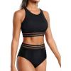 imageHolipick Women High Waisted Two Piece Bikini Set Racerback Bathing Suit Sporty Crop Top with Bottom for Teen GirlsBlack1