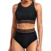 imageHolipick Women High Waisted Two Piece Bikini Set Racerback Bathing Suit Sporty Crop Top with Bottom for Teen GirlsBlack1