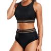 imageHolipick Women High Waisted Two Piece Bikini Set Racerback Bathing Suit Sporty Crop Top with Bottom for Teen GirlsBlack1