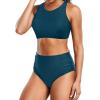 imageHolipick Women High Waisted Two Piece Bikini Set Racerback Bathing Suit Sporty Crop Top with Bottom for Teen GirlsBlue Green