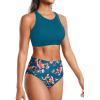 imageHolipick Women High Waisted Two Piece Bikini Set Racerback Bathing Suit Sporty Crop Top with Bottom for Teen GirlsGreen Floral