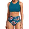 imageHolipick Women High Waisted Two Piece Bikini Set Racerback Bathing Suit Sporty Crop Top with Bottom for Teen GirlsGreen Floral
