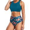 imageHolipick Women High Waisted Two Piece Bikini Set Racerback Bathing Suit Sporty Crop Top with Bottom for Teen GirlsGreen Floral