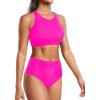 imageHolipick Women High Waisted Two Piece Bikini Set Racerback Bathing Suit Sporty Crop Top with Bottom for Teen GirlsHot Pink