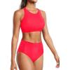 imageHolipick Women High Waisted Two Piece Bikini Set Racerback Bathing Suit Sporty Crop Top with Bottom for Teen GirlsRed
