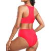imageHolipick Women High Waisted Two Piece Bikini Set Racerback Bathing Suit Sporty Crop Top with Bottom for Teen GirlsRed