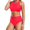 imageHolipick Women High Waisted Two Piece Bikini Set Racerback Bathing Suit Sporty Crop Top with Bottom for Teen GirlsRed