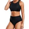 imageHolipick Women High Waisted Two Piece Bikini Set Racerback Bathing Suit Sporty Crop Top with Bottom for Teen GirlsSolid Black