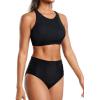 imageHolipick Women High Waisted Two Piece Bikini Set Racerback Bathing Suit Sporty Crop Top with Bottom for Teen GirlsSolid Black