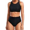 imageHolipick Women High Waisted Two Piece Bikini Set Racerback Bathing Suit Sporty Crop Top with Bottom for Teen GirlsSolid Black