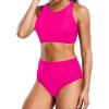 imageHolipick Women High Waisted Two Piece Bikini Set Racerback Bathing Suit Sporty Crop Top with Bottom for Teen GirlsSolid Pink