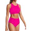 imageHolipick Women High Waisted Two Piece Bikini Set Racerback Bathing Suit Sporty Crop Top with Bottom for Teen GirlsSolid Pink