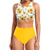 imageHolipick Women High Waisted Two Piece Bikini Set Racerback Bathing Suit Sporty Crop Top with Bottom for Teen GirlsSun Floral