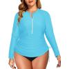 imageHolipick Women Two Piece Plus Size Zipper Long Sleeve Rash Guard UPF 50 Swim Shirt with Bottom Bulid in Bra SwimsuitAqua Blue