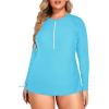 imageHolipick Women Two Piece Plus Size Zipper Long Sleeve Rash Guard UPF 50 Swim Shirt with Bottom Bulid in Bra SwimsuitAqua Blue