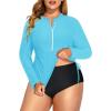 imageHolipick Women Two Piece Plus Size Zipper Long Sleeve Rash Guard UPF 50 Swim Shirt with Bottom Bulid in Bra SwimsuitAqua Blue