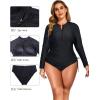 imageHolipick Women Two Piece Plus Size Zipper Long Sleeve Rash Guard UPF 50 Swim Shirt with Bottom Bulid in Bra SwimsuitBlack