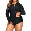imageHolipick Women Two Piece Plus Size Zipper Long Sleeve Rash Guard UPF 50 Swim Shirt with Bottom Bulid in Bra SwimsuitBlack
