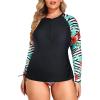 imageHolipick Women Two Piece Plus Size Zipper Long Sleeve Rash Guard UPF 50 Swim Shirt with Bottom Bulid in Bra SwimsuitBlack and Flower