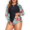 imageHolipick Women Two Piece Plus Size Zipper Long Sleeve Rash Guard UPF 50 Swim Shirt with Bottom Bulid in Bra SwimsuitBlack and Flower