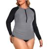 imageHolipick Women Two Piece Plus Size Zipper Long Sleeve Rash Guard UPF 50 Swim Shirt with Bottom Bulid in Bra SwimsuitGray Black