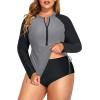 imageHolipick Women Two Piece Plus Size Zipper Long Sleeve Rash Guard UPF 50 Swim Shirt with Bottom Bulid in Bra SwimsuitGray Black