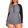 imageHolipick Women Two Piece Plus Size Zipper Long Sleeve Rash Guard UPF 50 Swim Shirt with Bottom Bulid in Bra SwimsuitGray Black