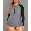 imageHolipick Women Two Piece Plus Size Zipper Long Sleeve Rash Guard UPF 50 Swim Shirt with Bottom Bulid in Bra SwimsuitGray Black