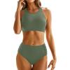 imageHolipick Women High Waisted Two Piece Bikini Set Racerback Bathing Suit Sporty Crop Top with Bottom for Teen GirlsArmy Green